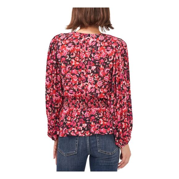 VINCE CAMUTO Womens Red Smocked Floral Blouson Sleeve V Neck Peplum Top S - Picture 2 of 4